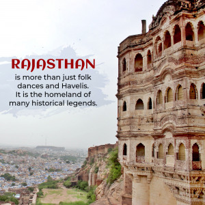 Fort overlooking a blue city in Rajasthan, India with text overlay.