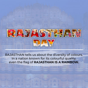 Rajasthan Day graphic with Hawa Mahal in the background and colorful text