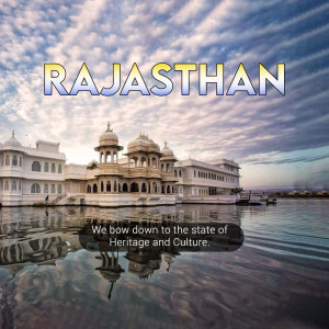 Scenic view of a palace in Rajasthan, India with text overlay.