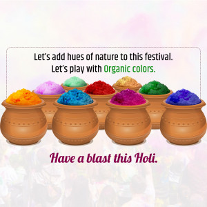 Colorful Holi celebration with organic colors in pots