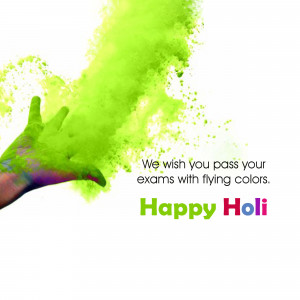 Hand covered in Holi color with a festive message.