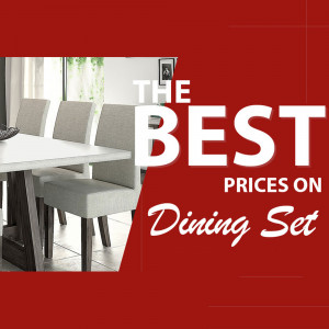 Image of a modern dining set with promotional text 'The Best Prices on Dining Set'