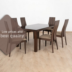 Brown dining table with six chairs in a modern style