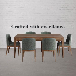 Wooden dining table with six upholstered chairs