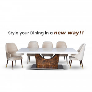Modern dining table with six upholstered chairs
