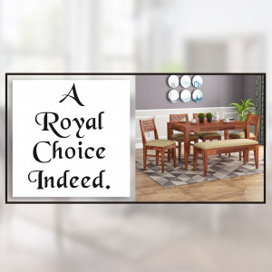 A modern wooden dining set with a decorative text overlay.