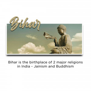 Statue of Buddha with the word 'Bihar' and text about the birthplace of Buddhism and Jainism