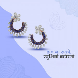Close-up of diamond and sapphire floral hoop earrings on a light blue background with text.
