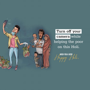 Illustration of a family receiving help during Holi, with a message about prioritizing assistance over taking photos.