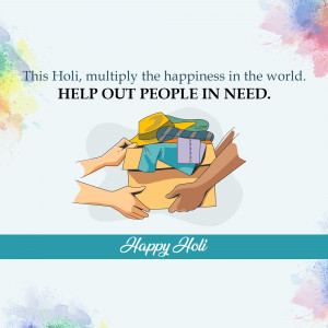 Illustration of hands donating clothes from a box with a Holi theme.