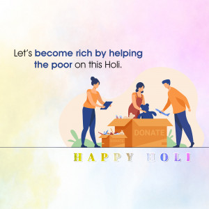 Illustration of people donating to a box labeled 'DONATE' for Holi.