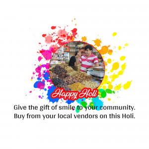 Image depicting a shopkeeper with sweets and colorful Holi splashes, promoting local shopping.