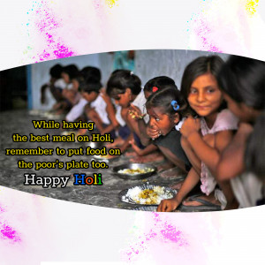 Children eating a meal during Holi festival with a message about remembering the less fortunate.