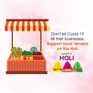 Illustration of a fruit and vegetable stall with a 'Support Local Vendors' message for Holi.