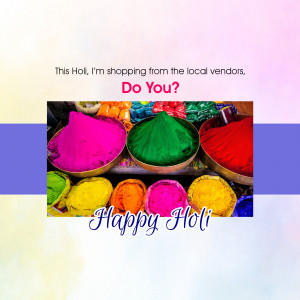 Colorful Holi powders in bowls with text promoting shopping from local vendors.