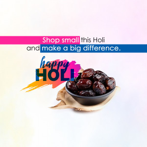 Image promoting shopping small this Holi with dates and festive decorations.