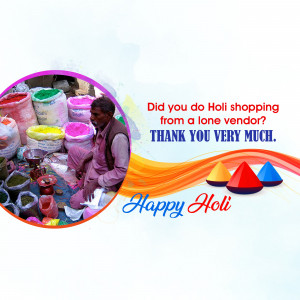 An image depicting a street vendor selling colorful Holi powders with a 'Happy Holi' message.