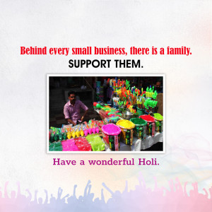 Image depicting a small business vendor selling Holi colors with a message to support small businesses and wishing a Happy Holi.