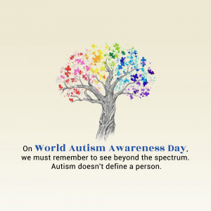 Tree made of puzzle pieces in rainbow colors with text 'On World Autism Awareness Day, we must remember to see beyond the spectrum. Autism doesn't define a person.'