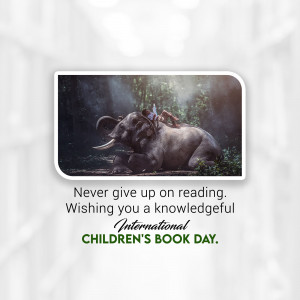 An elephant lying down with a fairy on its head, promoting Children's Book Day.