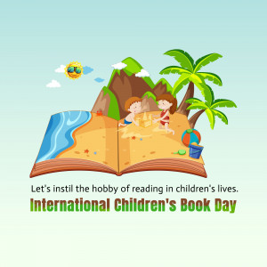 Illustration of children reading on a beach formed by an open book, celebrating International Children's Book Day.