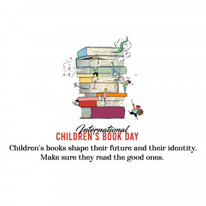 Illustration of children climbing a stack of books with text 'International Children's Book Day'