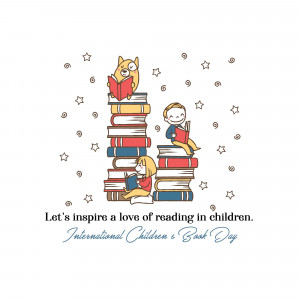 Illustration of children and a dog reading books stacked on top of each other with stars, promoting a love of reading.