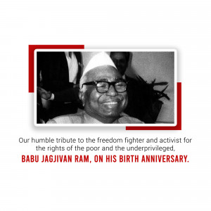 Black and white portrait of Babu Jagjivan Ram with a red border and text commemorating his birth anniversary.