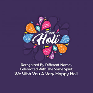 Colorful Happy Holi graphic with floral designs and text.