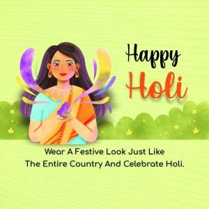 Illustration of a woman celebrating Holi with colorful powder