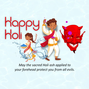 Illustration of people celebrating Holi with colors and a devilish figure.