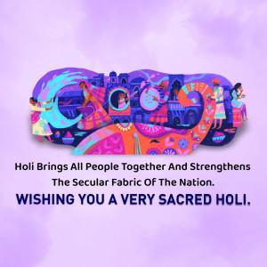 Colorful illustration depicting Holi festival with people and cultural elements.