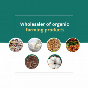 Image showcasing a variety of organic farming products like grains, milk, nuts, soil, and cotton.