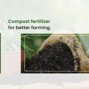Close-up of compost fertilizer in a burlap sack with green plants in the background.