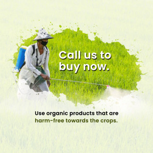 Farmer spraying organic products in a rice field with a call to action.
