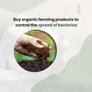 Hand holding soil with text promoting organic farming