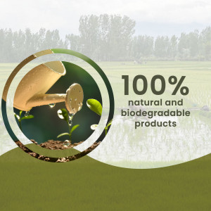 Image depicting a watering can pouring water onto a seedling with a 100% natural and biodegradable label.