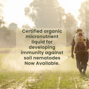 Farmer spraying organic micronutrient liquid in a field