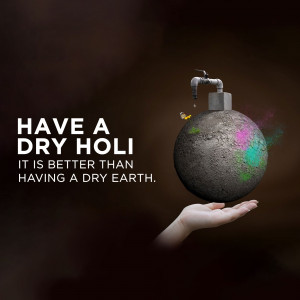 A conceptual image depicting a dry Holi celebration with a message about water conservation and saving the Earth.