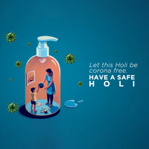 Illustration of a family celebrating Holi inside a hand sanitizer bottle, with virus particles around it.