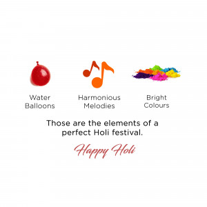 Image depicting elements of Holi festival - water balloons, music notes, and colorful powders.