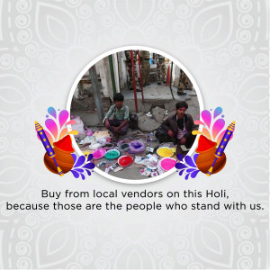 Two men sitting surrounded by colorful Holi powders with decorative elements and text promoting local vendors.