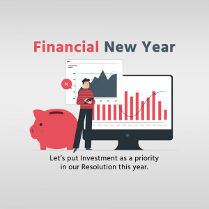 Illustration of a man looking at financial charts on a computer with a piggy bank, representing financial planning for the new year.