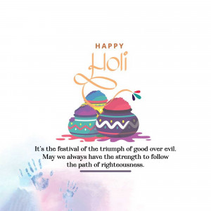Colorful Holi celebration with pots of color and festive text