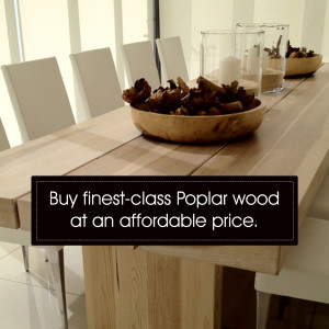 A long poplar wood dining table with a decorative bowl of dried flowers and a promotional text overlay.