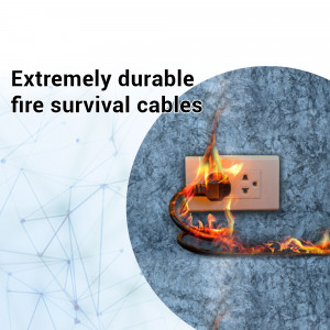 Image of a fire survival cable plugged into a wall socket with flames around the cable, demonstrating its durability.