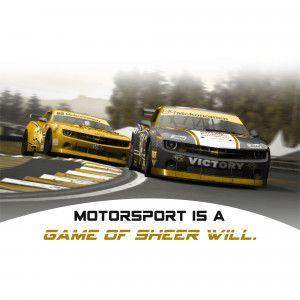 Two yellow and black race cars speeding on a track with text 'Motorsport is a game of sheer will'