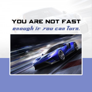 Blue sports car speeding on a racetrack with text overlay
