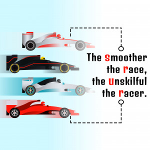 Illustration of four Formula 1 racing cars in different colors with a motivational quote.