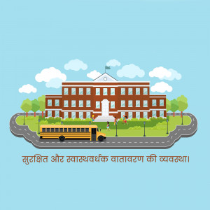 Illustration of a school building with a yellow school bus in front, promoting a safe and healthy environment.